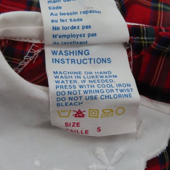 VTG Happy Kids Girls 5 Red Plaid Tartan Check White Collar Smocked Dress Holiday - Picture 11 of 13